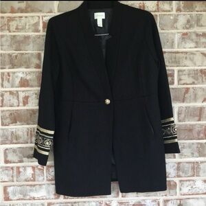 Chico's Black and Gold Blazer with Ornate Sleeve Trim